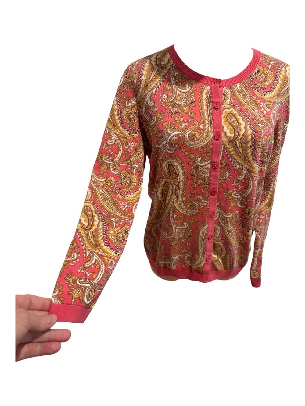Y2K TALBOTS CORAL & TAN PAISLEY PRINT LAGENLOOK BOHO BUTTON-FRONT CARDIGAN SZ M - Picture 4 of 8